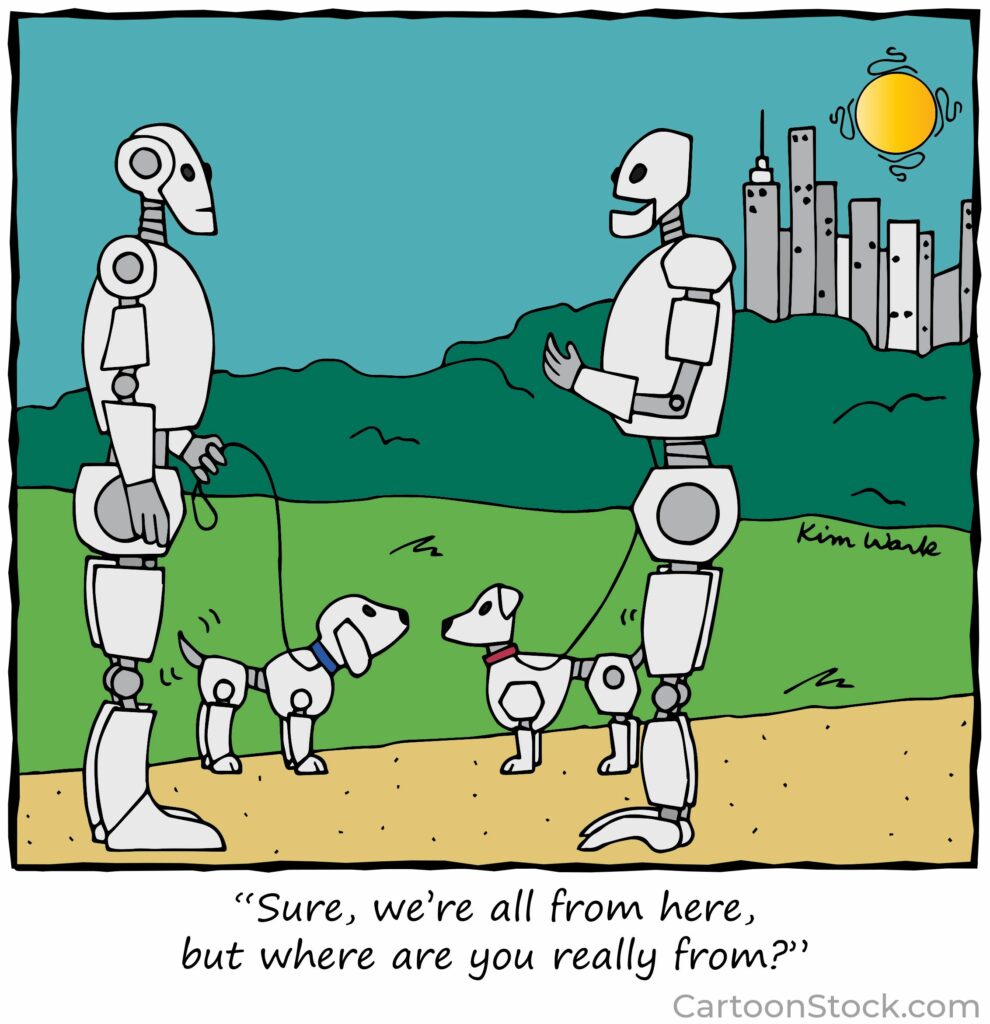 cartoon of two robots and dogs chatting