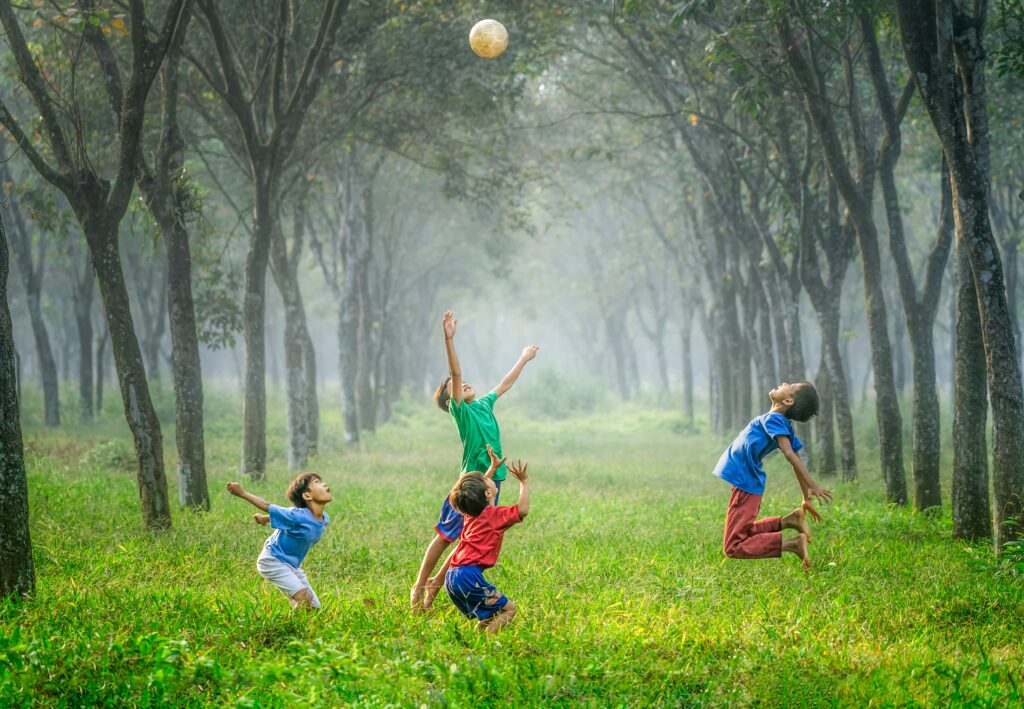 children playing in wooded area